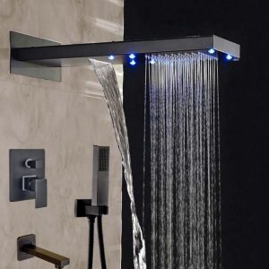 Juno Black Finish Wall Mounted LED Waterfall Black Shower Head